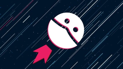 Wall Mural - Masked face symbol flies through the universe on a jet propulsion. The symbol in the center is shaking due to high speed. Seamless looped 4k animation on dark blue background with stars