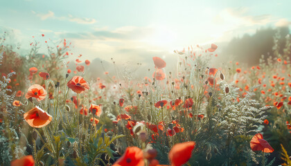 A field of flowers with a bright sun shining down on them