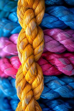 a closeup of colorful ropes and straps intricately knotting together, symbolizing unity in diversity and the strength found in mental health support networks.