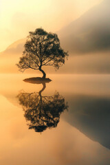 Wall Mural - A solitary tree standing by a calm lake at dawn, with gentle mist rising and the first light of day casting a golden glow, evoking a sense of peace and tranquility. 