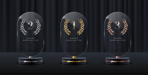 Wall Mural - Set of glass award trophy with laurel wreath. Transparent prize template with golden laurel branches. Winner first place concept. Vector illustration.