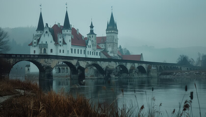 A bridge spans a river in front of a city with a castle in the background