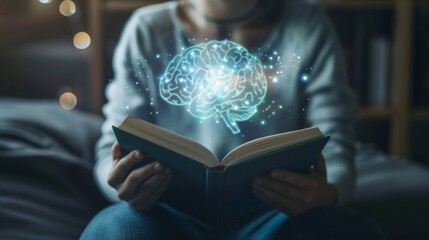 Person reading a book with brain illustrations, symbolizing the connection between reading and brain development