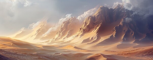 Canvas Print - Surreal desert landscape with towering sand dunes, 4K hyperrealistic photo