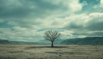 Wall Mural - A lone tree stands in a barren, dry field