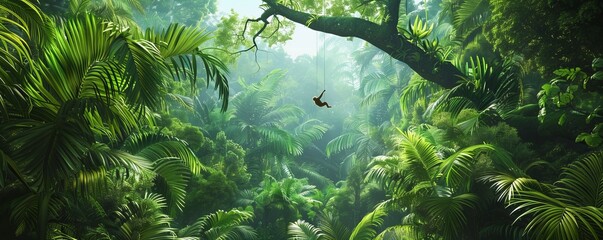 Sticker - Lush rainforest canopy with a playful monkey swinging through the trees, 4K hyperrealistic photo