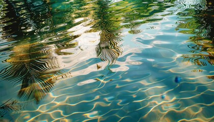 Poster - Tropical Water Reflections, Sunlit ripples with palm shadows, Serene Nature Scene