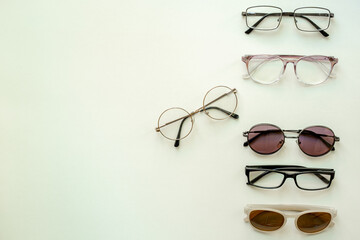 Stylish glasses, top view. Eyesight and vision concept