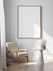 Wall Mural - Blank picture frame mockup on white wall. White living room design. View of modern Scandinavian style interior with chair. Home staging and minimalism concept