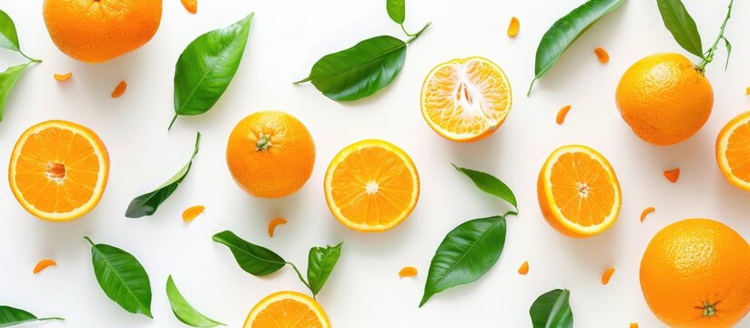 Orange fruits with leaves on a white background