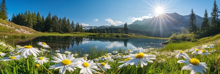 A scenic panorama of a peaceful lake nestled amidst majestic mountains and blooming meadows