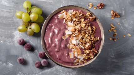 Nutritious acai smoothie bowl with muesli grapes and coconut flakes on gray backdrop