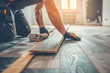 skilled carpenter installing laminate flooring in a room, showcasing the process of home renovation 