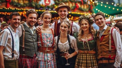 Wall Mural - Group Enjoying Oktoberfest in Traditional Bavarian Costumes Posing in Front of Decorated Beer Tent