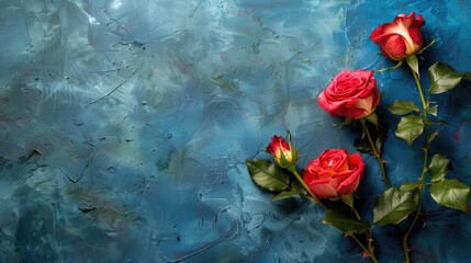 Roses displayed on blue backdrop with room for text