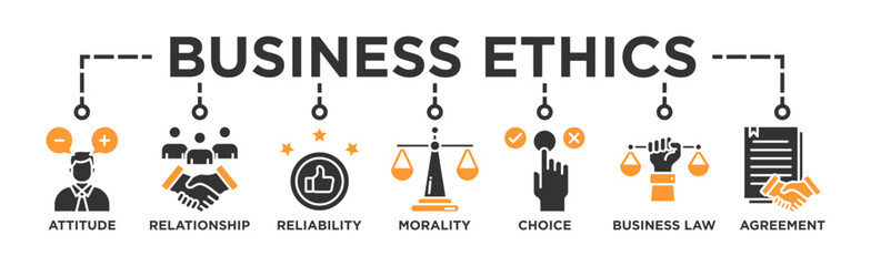 Business ethics banner web icon vector illustration concept with icon of attitude, relationship, reliability, morality, choice, business law and agreement