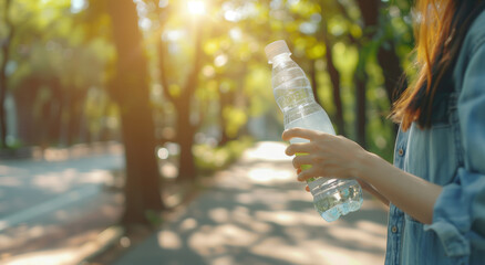 Woman is holding a bottle of water in a park