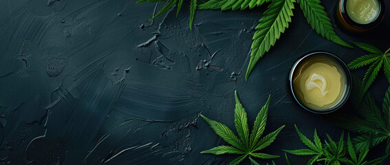 Cannabis oil, cream and ointment on the table with leaves on a dark background banner for beauty products of cannabis skin care