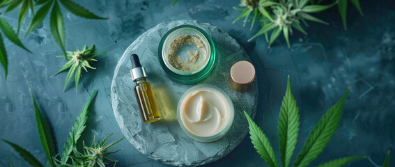 Wall Mural - Cannabis oil, cream and ointment on the table with leaves on a dark background banner for beauty products of cannabis skin care