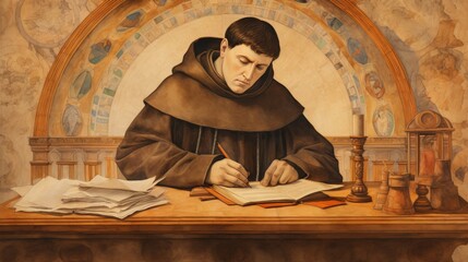 Wall Mural - The painting of St. Thomas Aquinas Writing in 13th-Century University, Beige Background, Copyspace,Christian banner