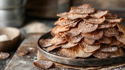 Wall Mural - Rustic Homemade Almond Brittle on Wooden Board. Norwegian Sourdough Rye Chips