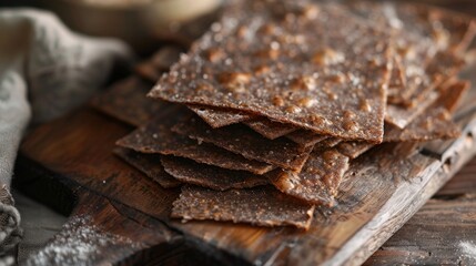 Wall Mural - Rustic Homemade Almond Brittle on Wooden Board. Norwegian Sourdough Rye Chips