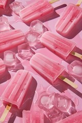 Wall Mural - Close Up of Pink Berry Popsicles on Ice. Pink Drink Popsicles