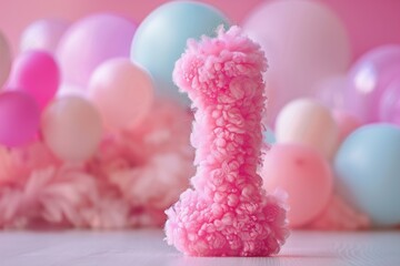 Wall Mural - Pink, girlish and fluffy number one with blurred balloons on the background. Playful symbol 1. Invitation for first birthday celebration. Children, kids party. Greeting card design.