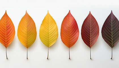 Autumn leaf set arranged in color palette in row, isolated on white, for autumn design and decoration. Realistic vector illustration