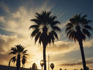 Wall Mural - Silhouetted Los Angeles palm trees with sun rays.