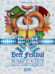 Wall Mural - oktoberfest poster with pretzel, beer mugs and fall leaves. german beer festival flyer with bow and ribbon with bavarian flag colors