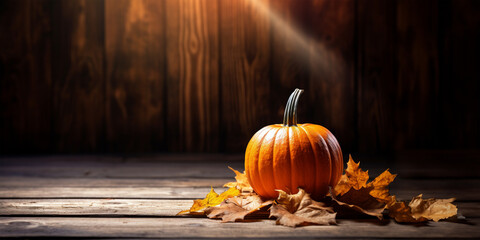Wall Mural - Pumpkin and autumn leaves on wood with copy space, fall and halloween background