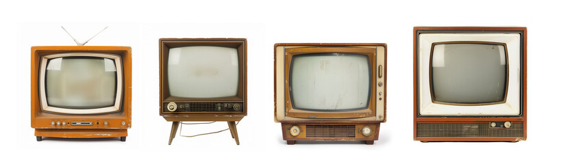 Collection of four retro TV sets, old vintage mid-century televison wooden box isolated on white background