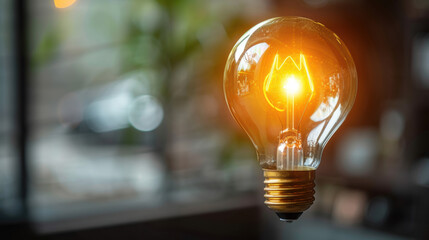 Wall Mural - Close-up of an illuminated light bulb glowing warmly in a blurred background, symbolizing inspiration, innovation, and bright ideas in soft focus.