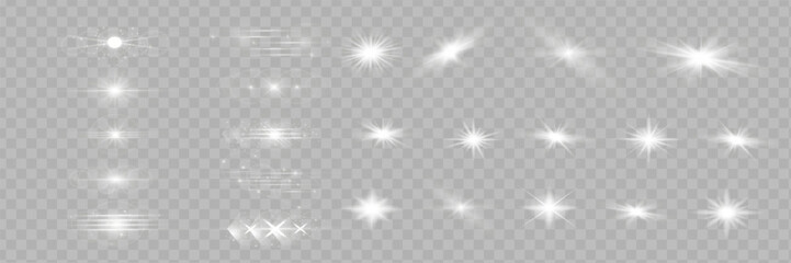 glow isolated white transparent light effect set, lens flare, explosion, glitter, line, sun flash, s
