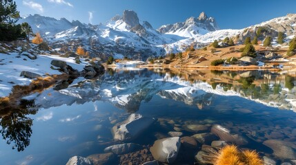 Poster - Breathtaking Alpine Lake Reflecting Snowy Peaks in Serene Mountain Landscape