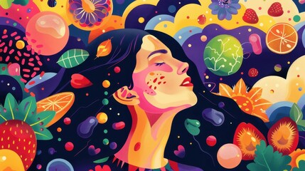 Vibrant illustration of a woman's profile surrounded by diverse fruits, flowers, and abstract shapes, representing a fusion of nature and imagination.