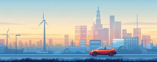 Wall Mural - A red car is driving down a road in front of a city skyline. The sky is a mix of blue and orange, creating a warm and inviting atmosphere. The car is the main focus of the image