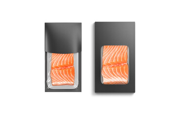 Wall Mural - Blank black box and transparent label pack with salmon mockup