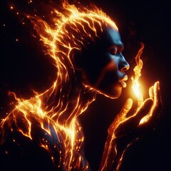 Wall Mural - 50 22. A person merging with a flame, with fire flickering acros