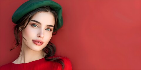 Wall Mural - Elegant woman in green beret and red dress on red background. Concept Fashion Photography, Elegant Portraits, Red and Green Color Scheme, Studio Photoshoot, Bold Colors