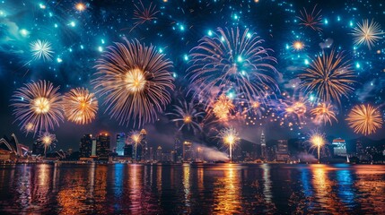 Wall Mural - Fireworks Over City: Stunning display of fireworks lighting up the night sky over an American city. The city buildings are illuminated by the bursts of color, creating a vibrant and patriotic scene.