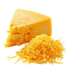 A piece of cheese and a pile of grated cheddar on a transparent background.