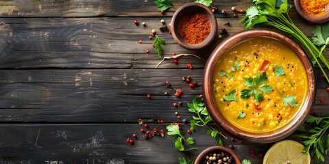 Wall Mural - Traditional Indian dal soup with aromatic spices and fresh herbs displayed on a rustic wooden background. Concept Indian Cuisine, Dal Soup Recipe, Aromatic Spices, Fresh Herbs