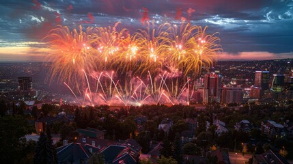 Wall Mural - Fireworks Over City: Stunning display of fireworks lighting up the night sky over an American city. The city buildings are illuminated by the bursts of color, creating a vibrant and patriotic scene.