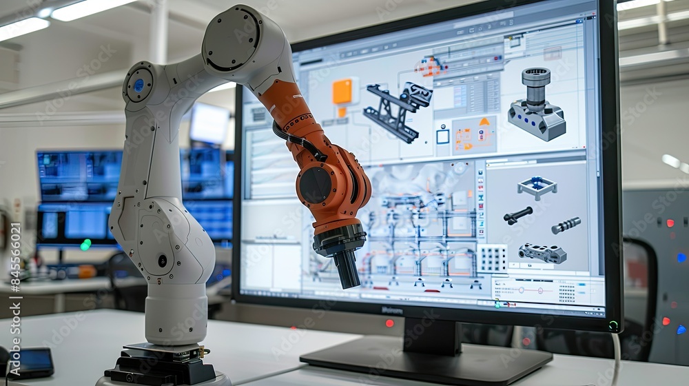 Advanced robot using CAD software to design mechanical components on a ...