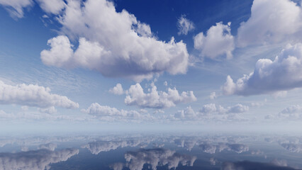 Canvas Print - 3d render. serene blue sky and white clouds reflecting in the calm water. a tranquil scene of surrea