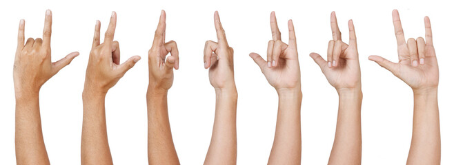 Wall Mural - Male asian hand gestures isolated over the white background. Love sign.