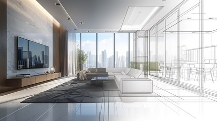 Modern living room interior with furniture and city view, half sketch, half photograph.Architecture and interior design agency background.