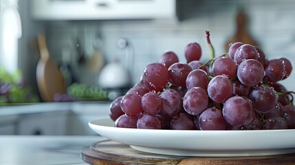 Wall Mural - Fresh purple grapes on a clean white plate, with a cozy, homey kitchen backdrop.